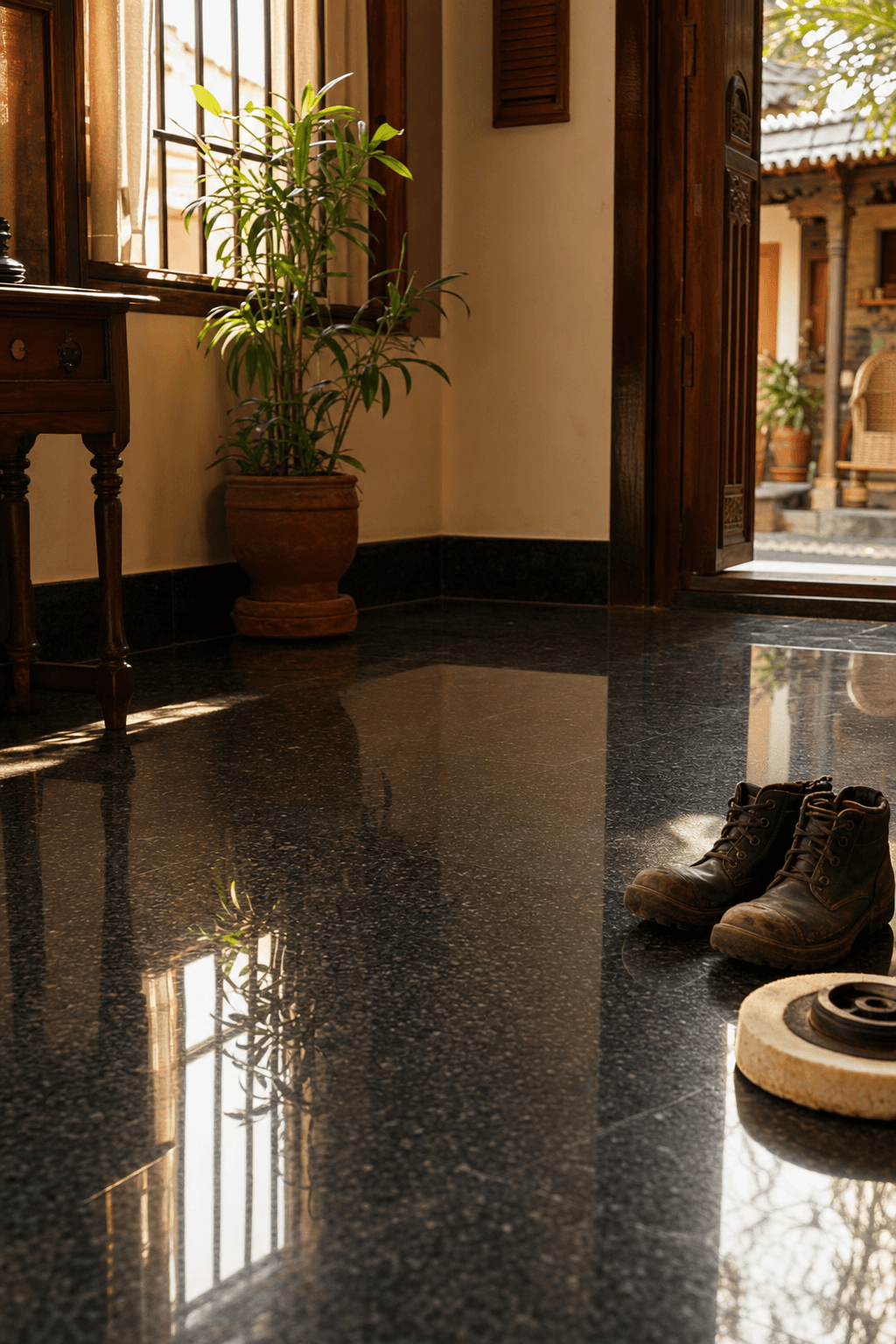 Sunlight reflecting off a deeply polished dark granite floor in a Bengaluru home, with work boots and polishing equipment resting in the corner, capturing the quiet satisfaction of a restoration job well done.