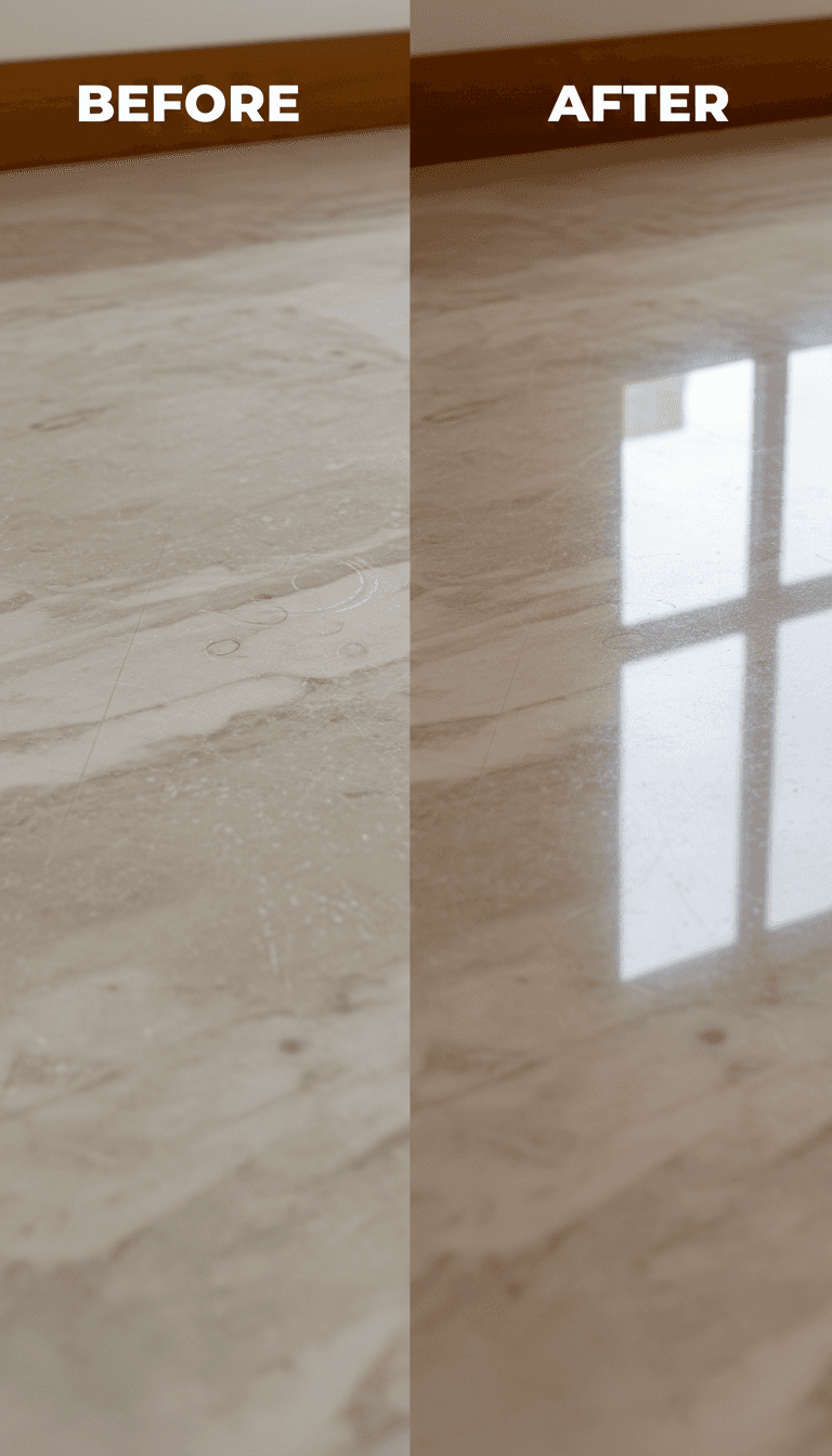 Marble floor before and after polishing, left half dull and scratched, right half glossy and reflective
