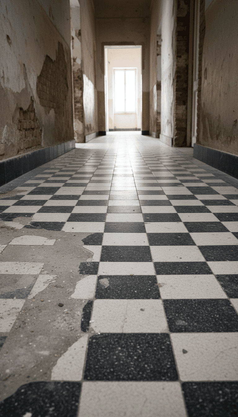 Mosaic tile floor restoration before and after, with grout damage visible in foreground and restored clean tiles beyond