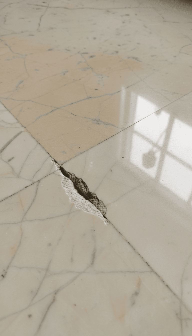 Close-up of marble scratch repair, one side with deep scratch and chip, the other side smooth and glossy